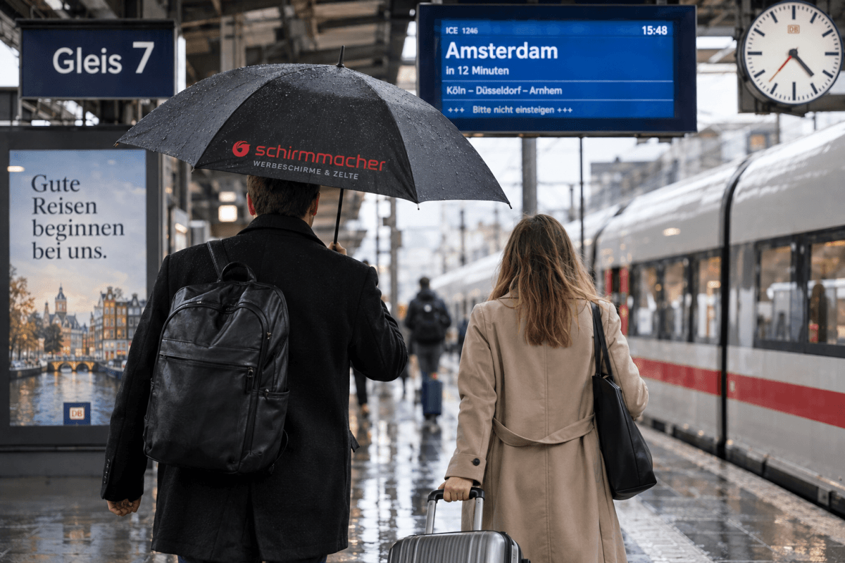 Wenn es in fremden Städten regnet: der Werbeschirm von Schirmmacher im Reisegepäck